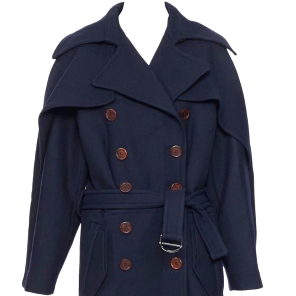 CHLOE Iconic Navy wool Ruffle Front Double Breasted Trench Coat